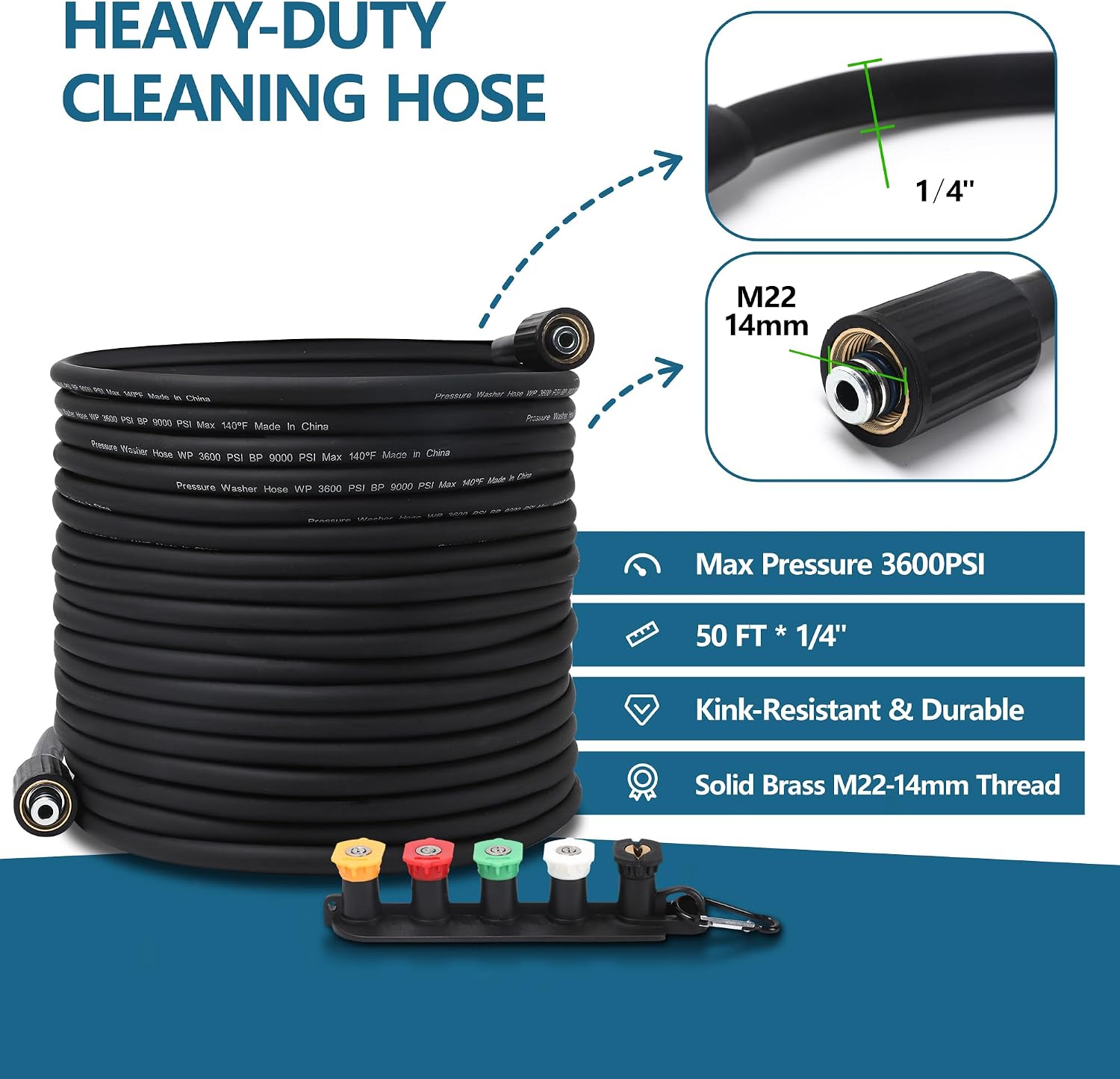Pressure Washer Gun and Hose Kit, 50FT High Pressure Power Washer Hose with Spray Gun, Wand Extension, 5 Nozzle Tips, M22-14mm Fittings, 3600 PSI