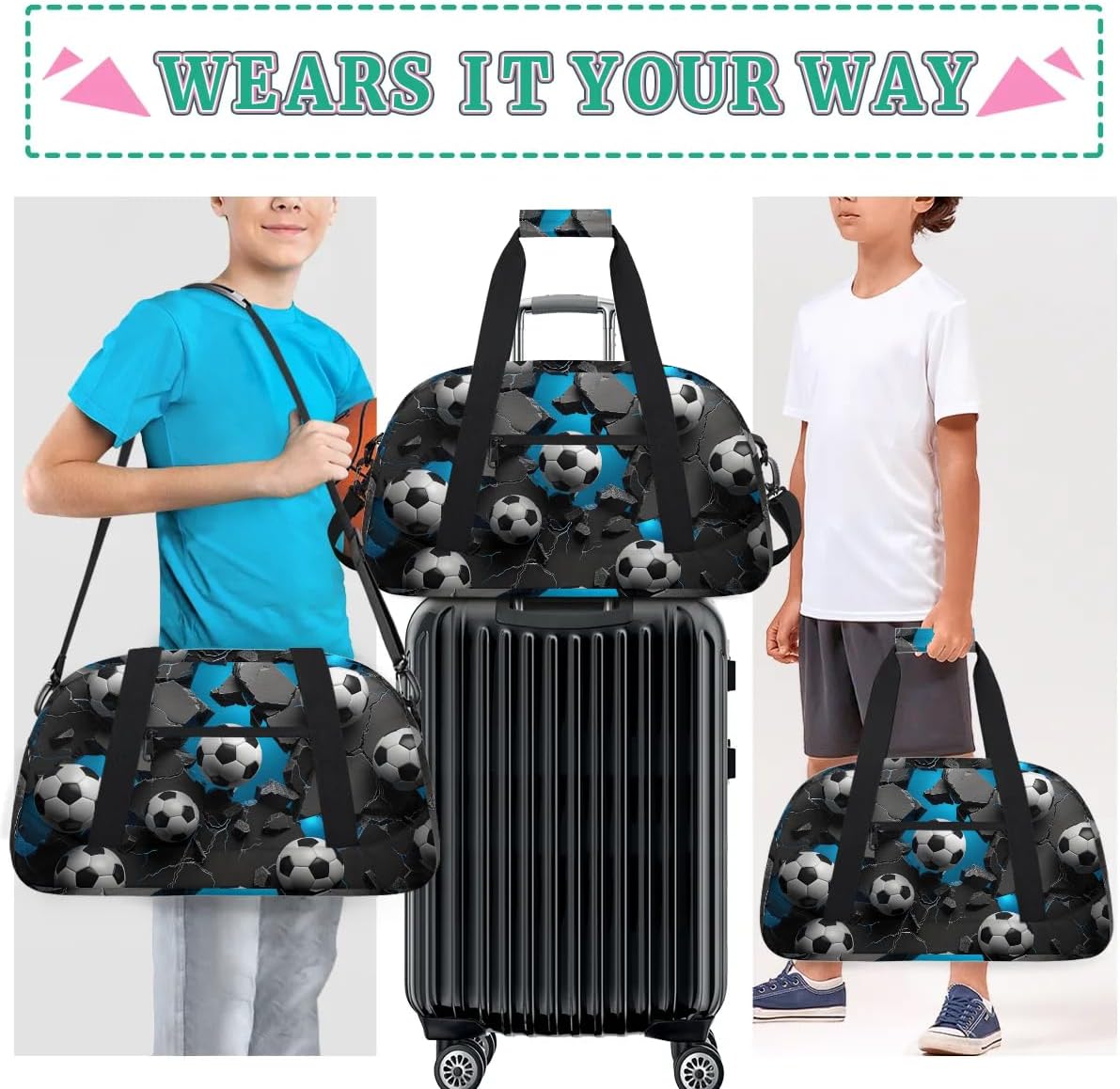 Soccer Ball Duffle Bag for Kids, Overnight Weekender Bag Travel Duffle Bag Carry-On Tote for Swim Sport Gym Bag for Boys Girls