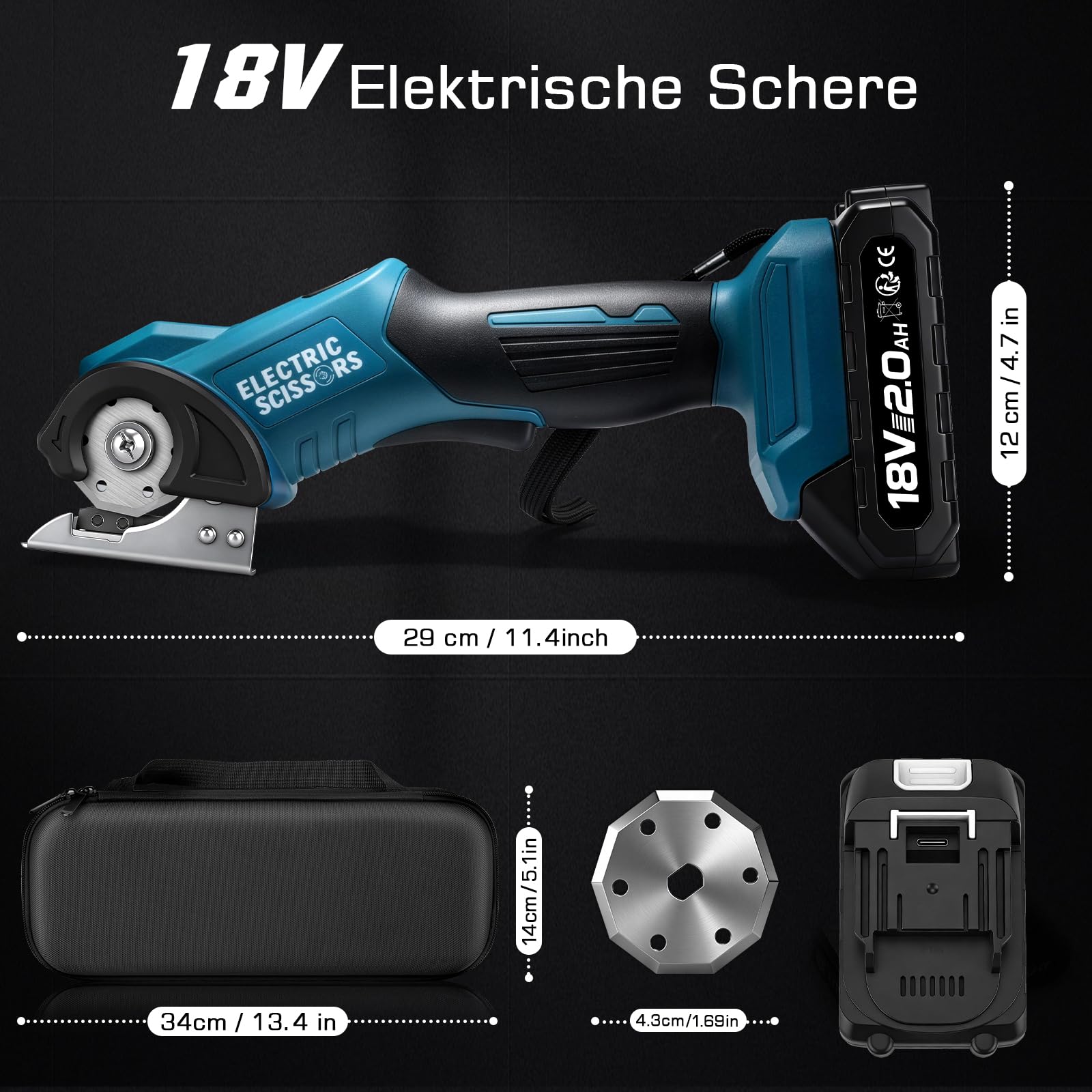 Kartonschneider Elektrisch Schere, 9mm Schnitttiefe, 440U/min Rollschneider | Kabellose Universalschneider mit 2000 mAh Akku, Klinge, LED-Licht und USB-C Ladekabel, Kompatibel mit Makita 18V Akku