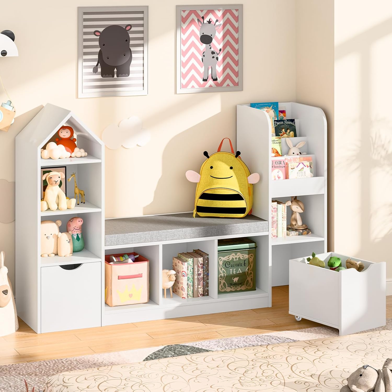 55.12’’Kids Bookshelf with Reading Nook, Toy Storage Organizer with Seat Cushion and 2 Movable Drawers, Kids Bookcase Toy Organizers with 7 Storage Cubbies, for Playroom, Bedroom, Oak