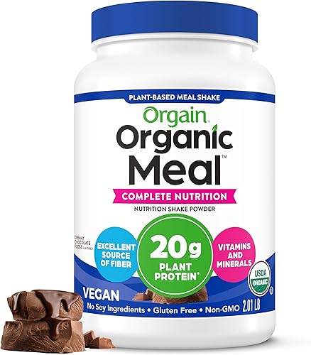Orgain Proteína en Polvo Orgánica Vegana de Reemplazo de Comidas, Dulce de Chocolate Cremoso - 20g Proteína a Base de Plantas, Sin Gluten, Sin