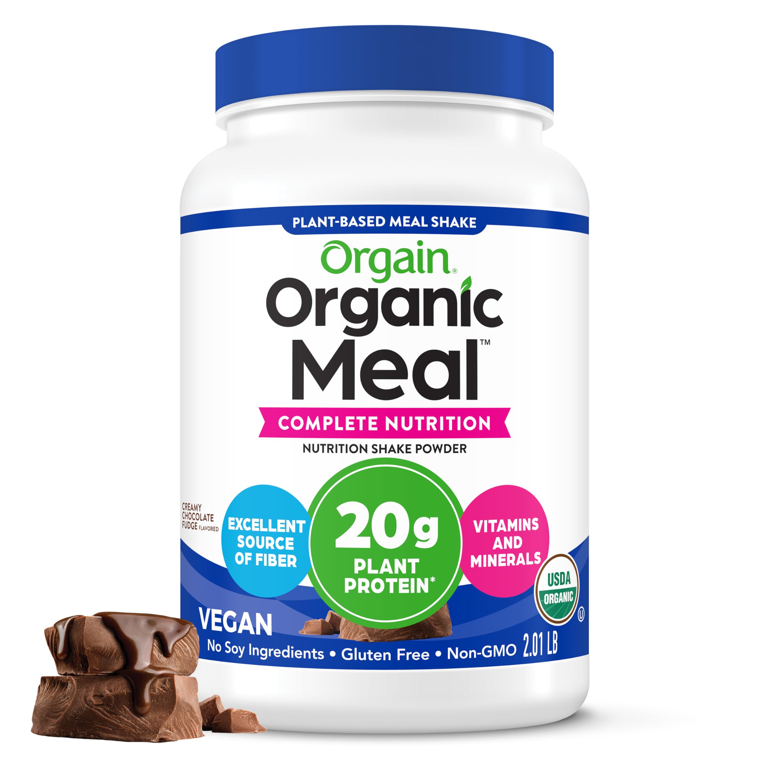 Organic Vegan Meal Replacement Protein Powder, Creamy Chocolate Fudge - 20g Plant Based Protein, Gluten Free, Dairy Free, Lactose Free, Soy Free, No Sugar Added, For Smoothies & Shakes - 2.03lb