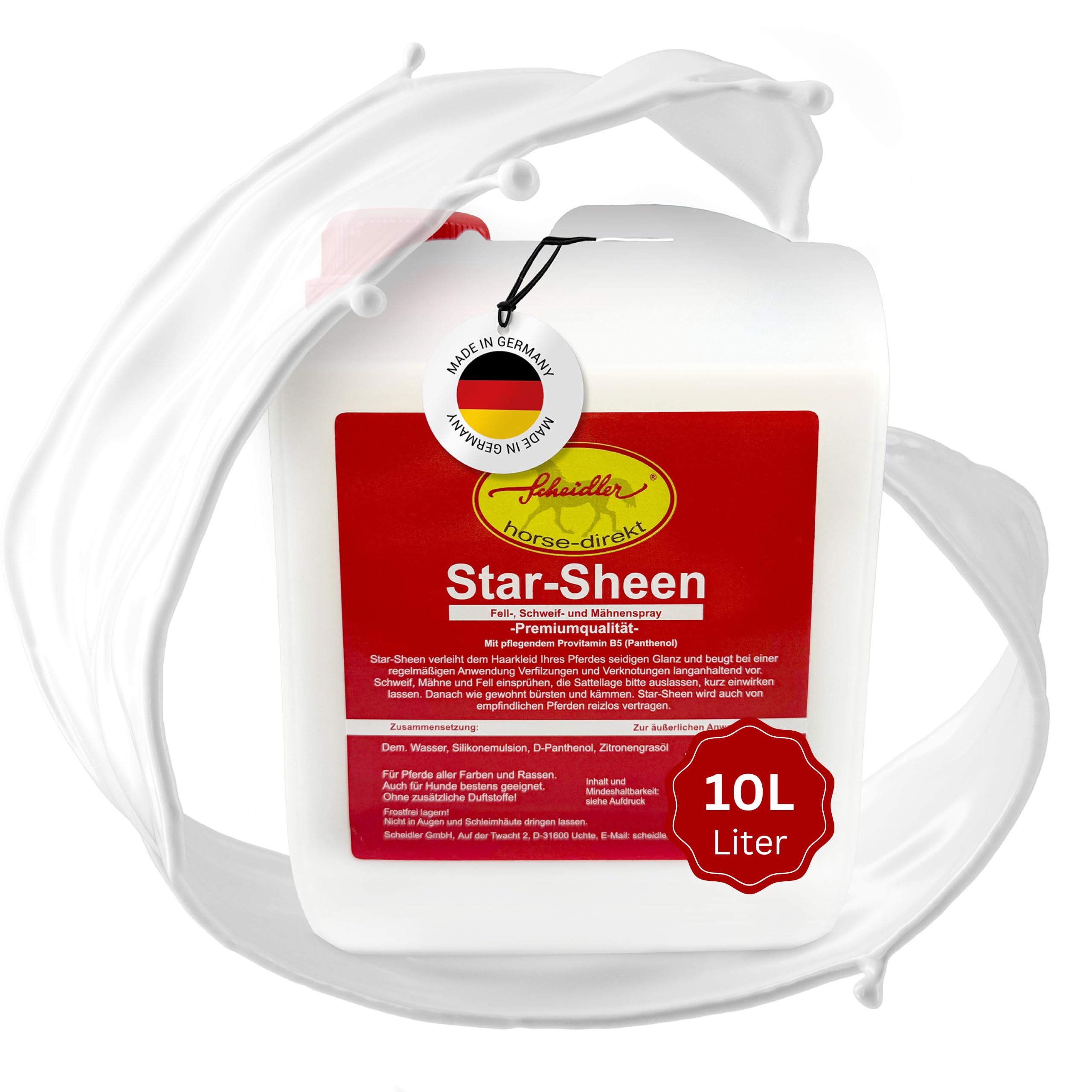 Scheidler horse-direkt Star-Sheen Mähnenspray 10l Kanister für Pferde – Langanhaltendes Schweifspray für brillanten Glanz - Leichtes Kämmen & Fellpflege – Natur Glanzspray Made in Germany
