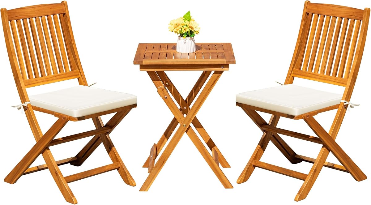 Greesum 3 Piece Patio Folding Furniture Bistro Set with 2 Cushions for Pool Beach Backyard Balcony Porch Deck Garden, Acacia Wood