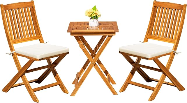 Greesum 3 Piece Patio Folding Furniture Bistro Set with 2 Cushions for Pool Beach Backyard Balcony Porch Deck Garden, Acacia Wood