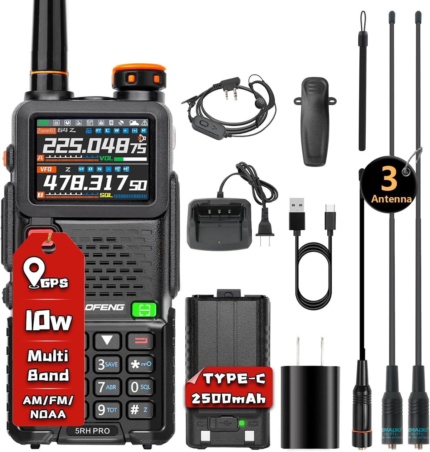BAOFENG 5RH PRO Ham Radio Handheld,GPS APRS 10W Tri Band Long Range Two-Way Radio 640CH NOAA Weather Walkie Talkies with Aviation&771 High Gain Antenna,Type-C Charging for Camping Hinking-1 Pack