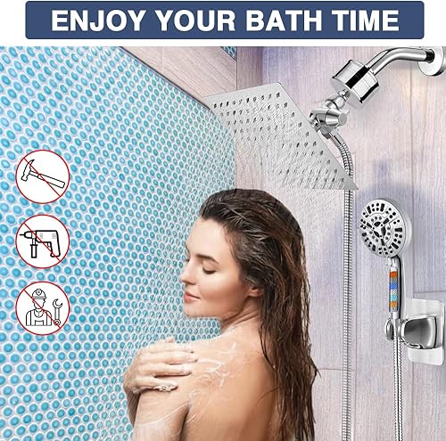 Miniatura 7 de Cabezal de ducha filtrado de 8 pulgadas con cabezal de ducha cuadrado combinado de mano con filtros de ducha para agua dura, cabezales de ducha de