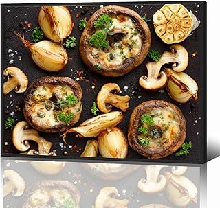 Black Framed Canvas Wall Art Decor for Living Room Bedroom Kitchen Bathroom Office Artwork Painting Roasted portobello mushrooms stuffed cheese and herbs a black iron print picture poster 12x16
