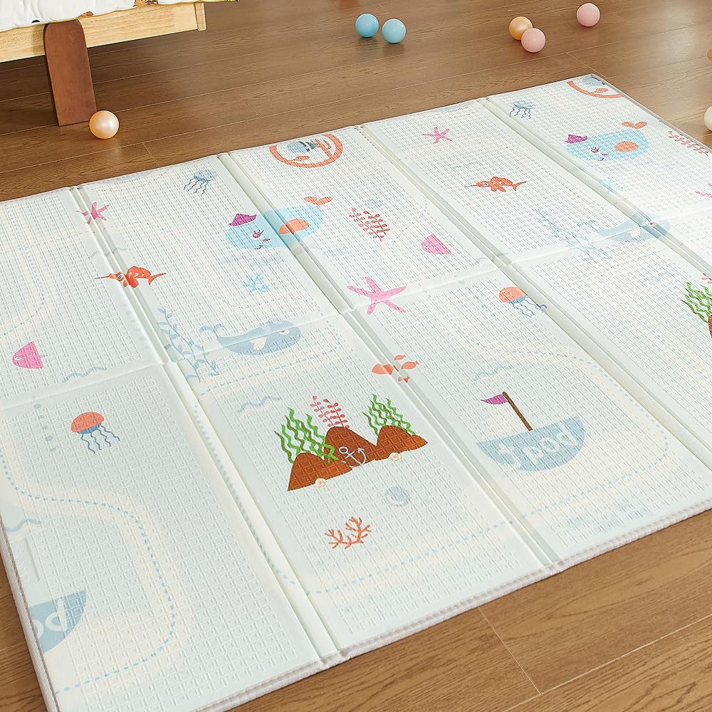 CASABEL Tapis d’Éveil Bébé Évolutif 180×150 cm, Tapis Bébé Pliable, Imperméable et Épais, Motifs Bateau, Grande Taille, Doux et Coloré, Tapis de Jeu Compact à Rangement Facile