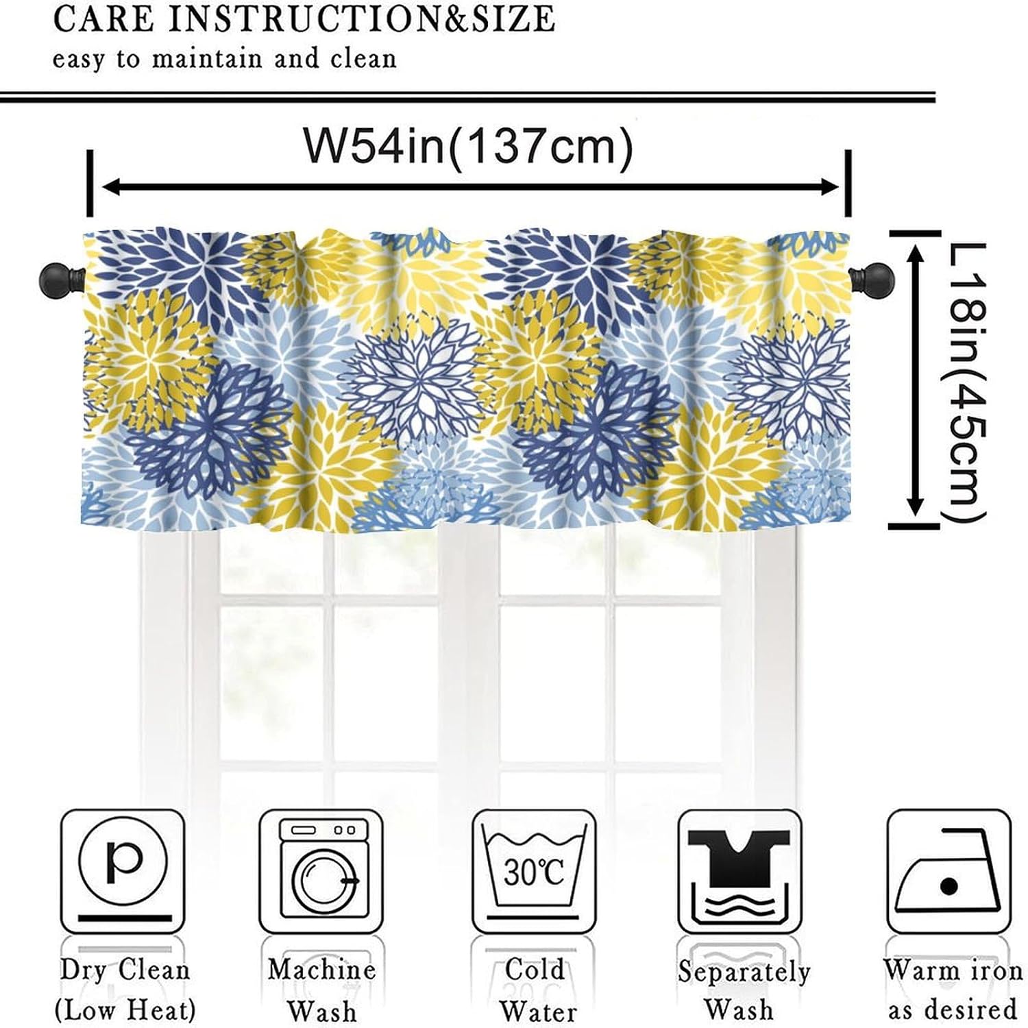 YCness Blue Yellow Floral Curtain Valances for Kitchen Window, Boho Dahlia Flowers Rod Pocket Valance Windows Treatments Farmhouse Short Toppers Curtains 54x18 Inch 1 Panel