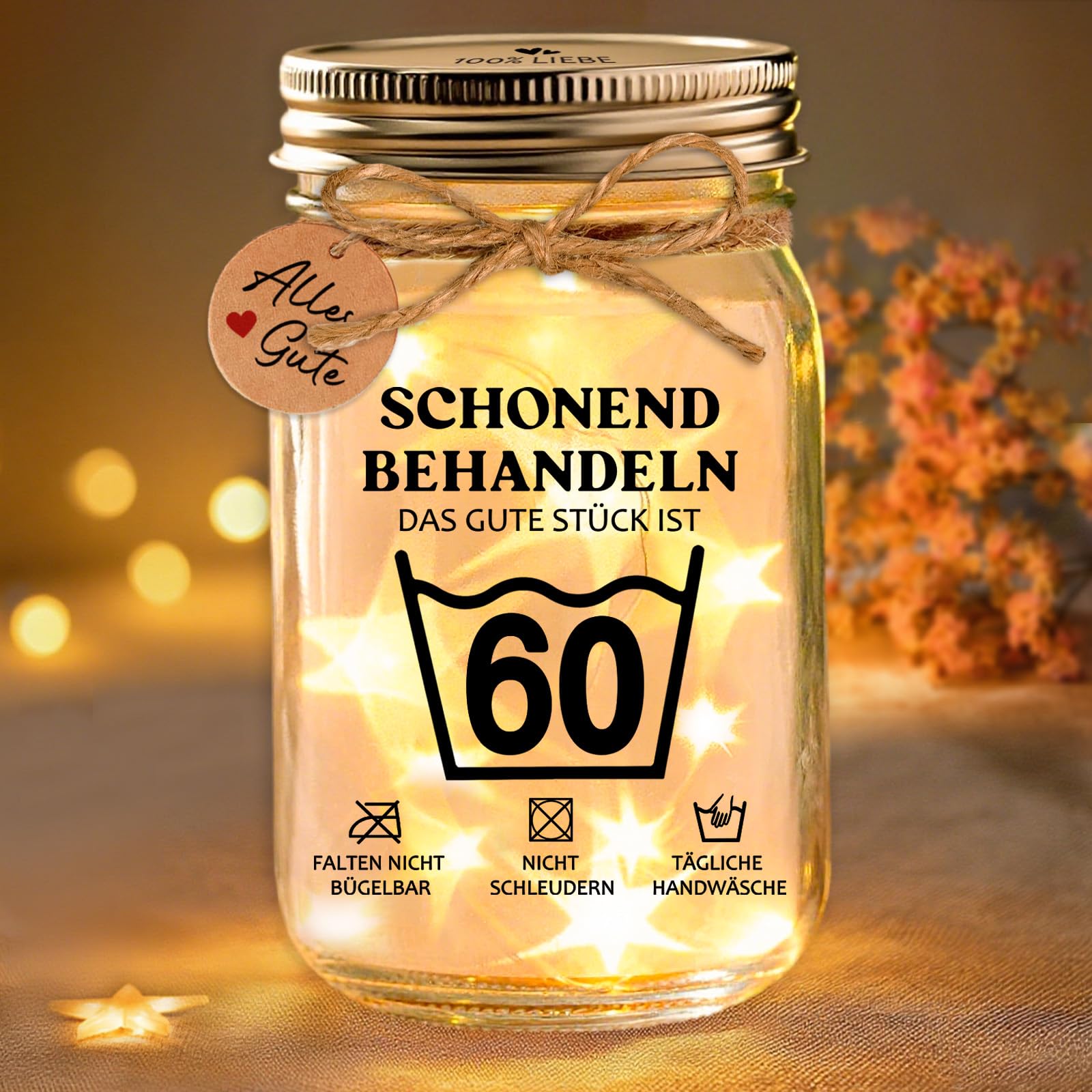 LED Flaschenlicht Geschenk zum 60 Geburtstag Frau/Mann, Personalisierter Geldgeschenke Geburtstag 60 mit Geburtstagskarte und Samtbeutel mit Kordelzug, Geburtstagsgeschenk 60 für Männer Frauen