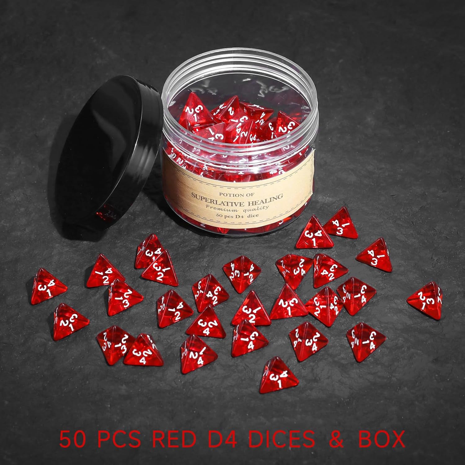50Pcs Transparent Red D4 Dice Set for Board Table RPG Gaming, Roleplaying Red Gem D4 Polyhedral Dice Set Compatible with Dungeons and Dragons D&D RPG MTG Dice Table Games
