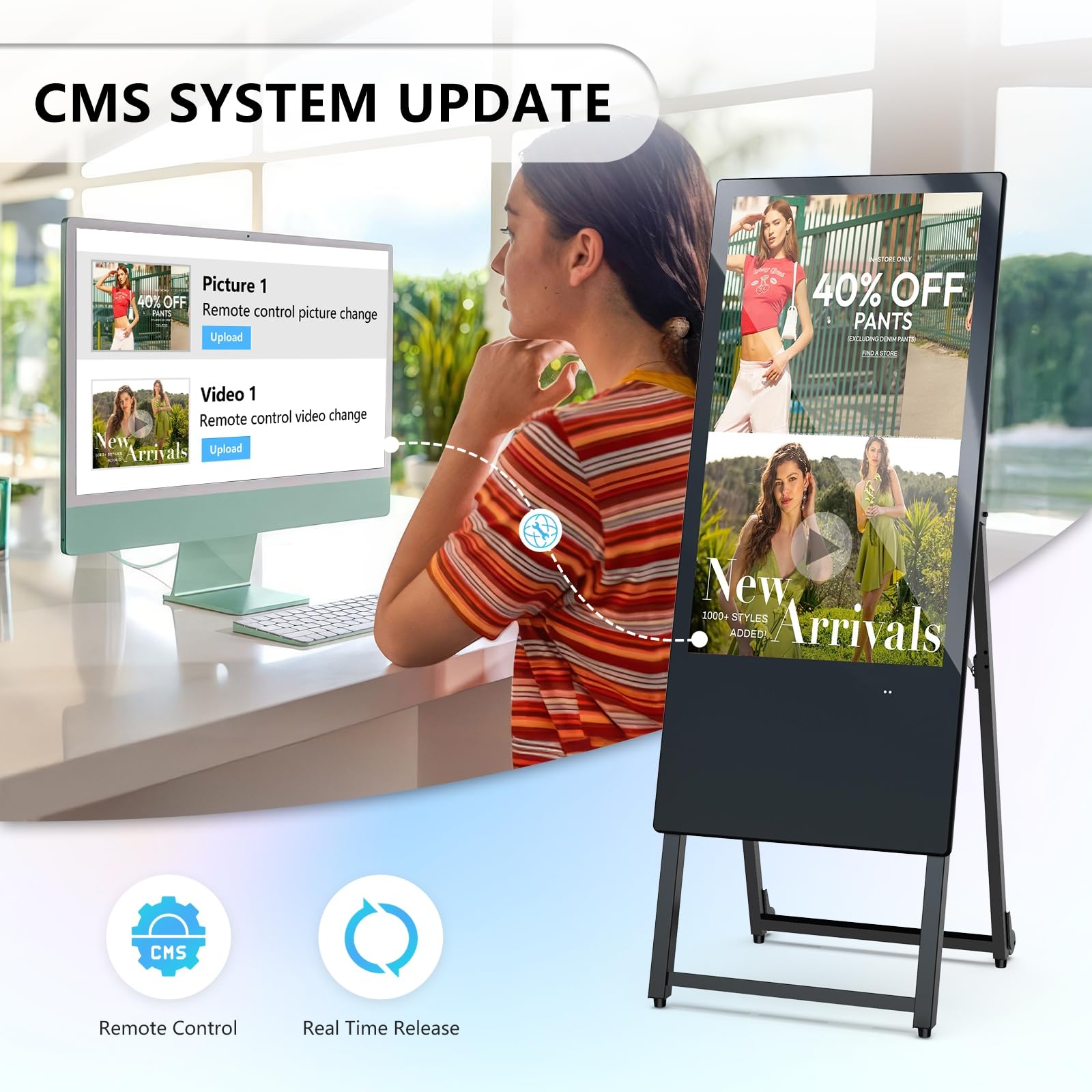 MWE 32 Zoll Innenbereich Digitaler Kundenstopper, LCD Werbedisplay Digital mit Rollen, Tragbarer Digital Signage, Geeignet für Einkaufszentren, Restaurants, Hotels, Produktpräsentationen