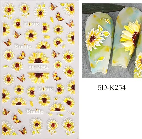 Miniatura 4 de Calcomanías de arte de uñas de girasol en relieve 5D, calcomanías autoadhesivas para uñas de flores grabadas florales de verano, calcomanías de uñas