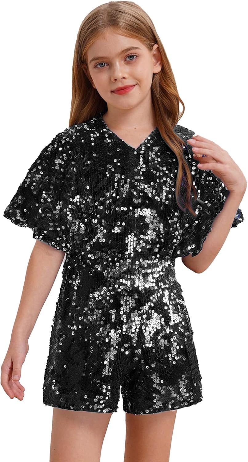 ACSUSS Kids Girls Shiny Sequin Rompers Outfits One Piece Jumpsuit Evening Wedding Party Festive Sets