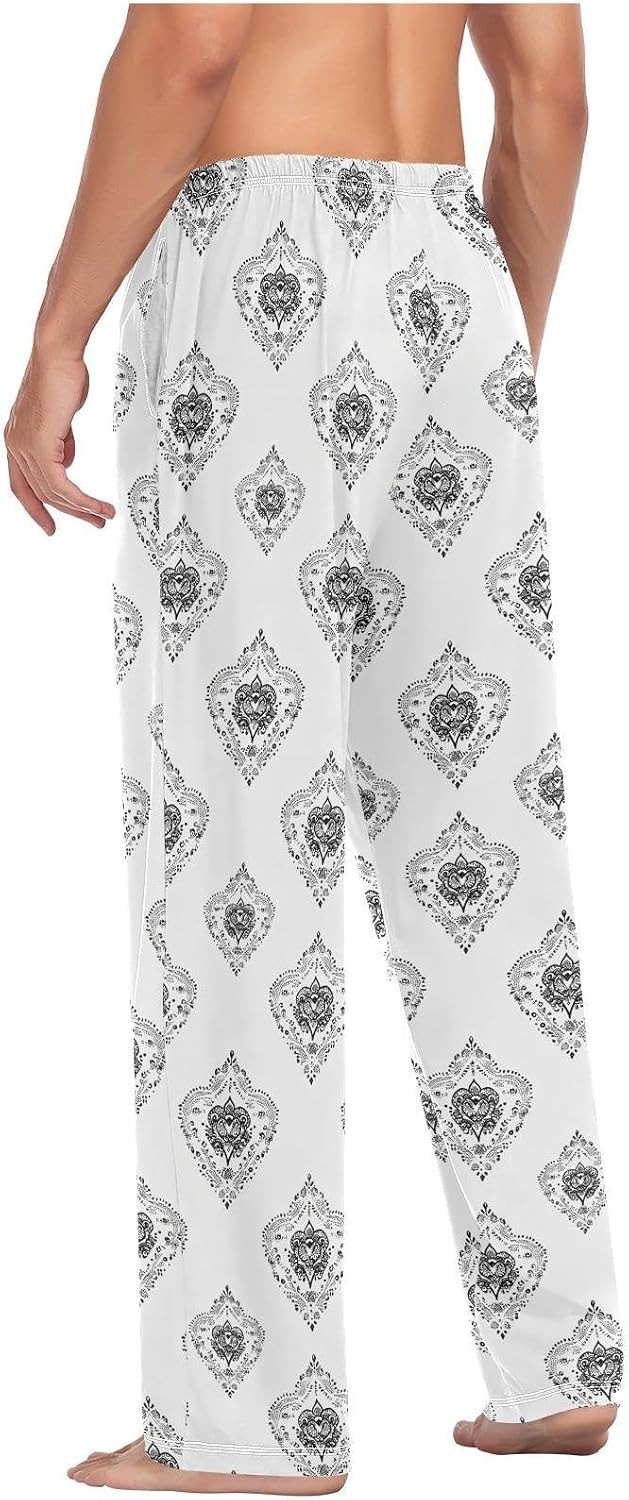 ZZKKO Pajamas Pants for Men Black Gray Vintage Pattern Men's Pajama Bottoms Cotton PJ Pants for Mens S