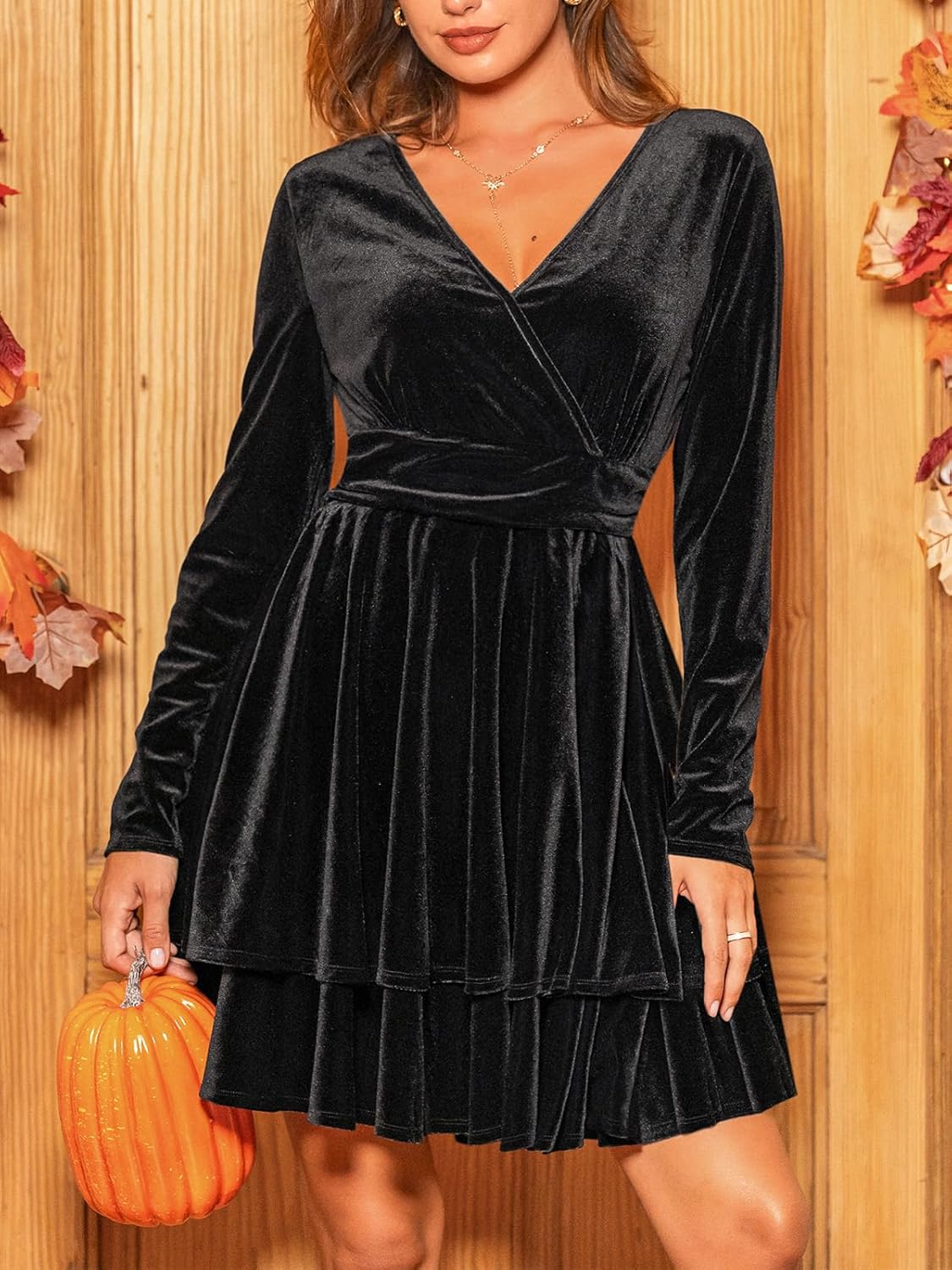 CUPSHE Women Fall Dresses Velvet Cocktail V Neck Long Sleeve Elastic Waist Flare Skater Mini Dress - Image 6