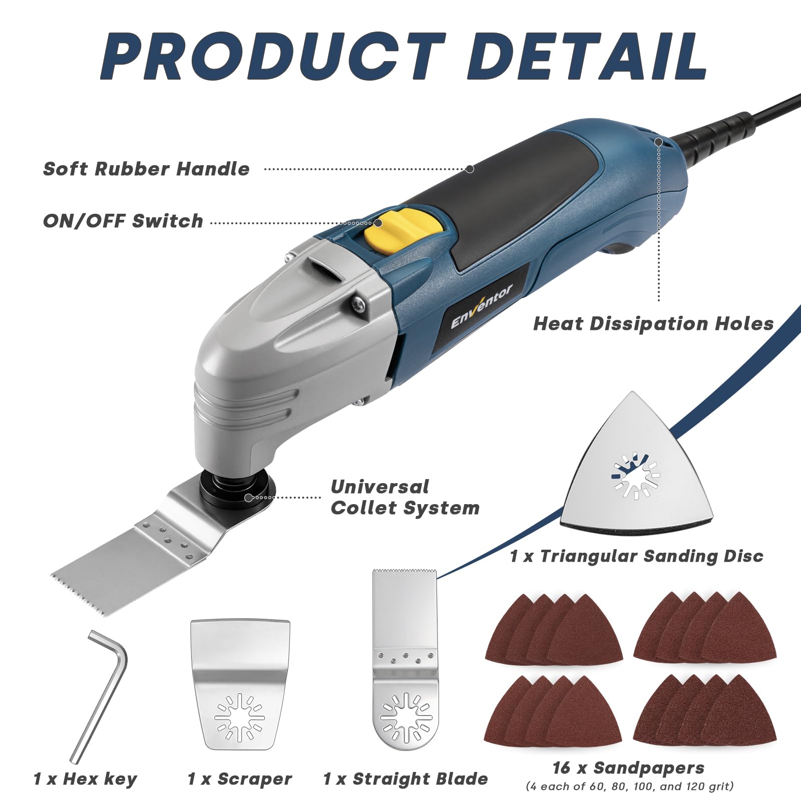 Enventor Outil Multifonction Filaire 200W, 22000 OPM, Angle d'oscillation de 3°, Scie Vibrante avec 1 Grattoir, 1 Lame de Scie et 16 Papier de Verre pour Découpe, Sculpture et Polissage