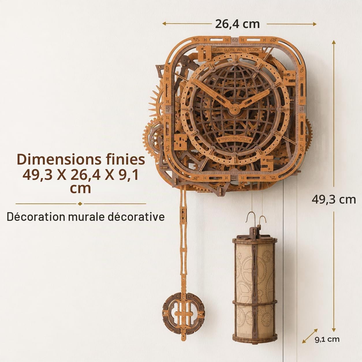 WOODEN.CITY Puzzle en bois 3D – Horloge murale en forme de globe | Kit de construction en bois pour adultes | 369 pièces | Horloge mécanique puzzle 3D | Pas de colle nécessaire | Fabriqué dans l'UE