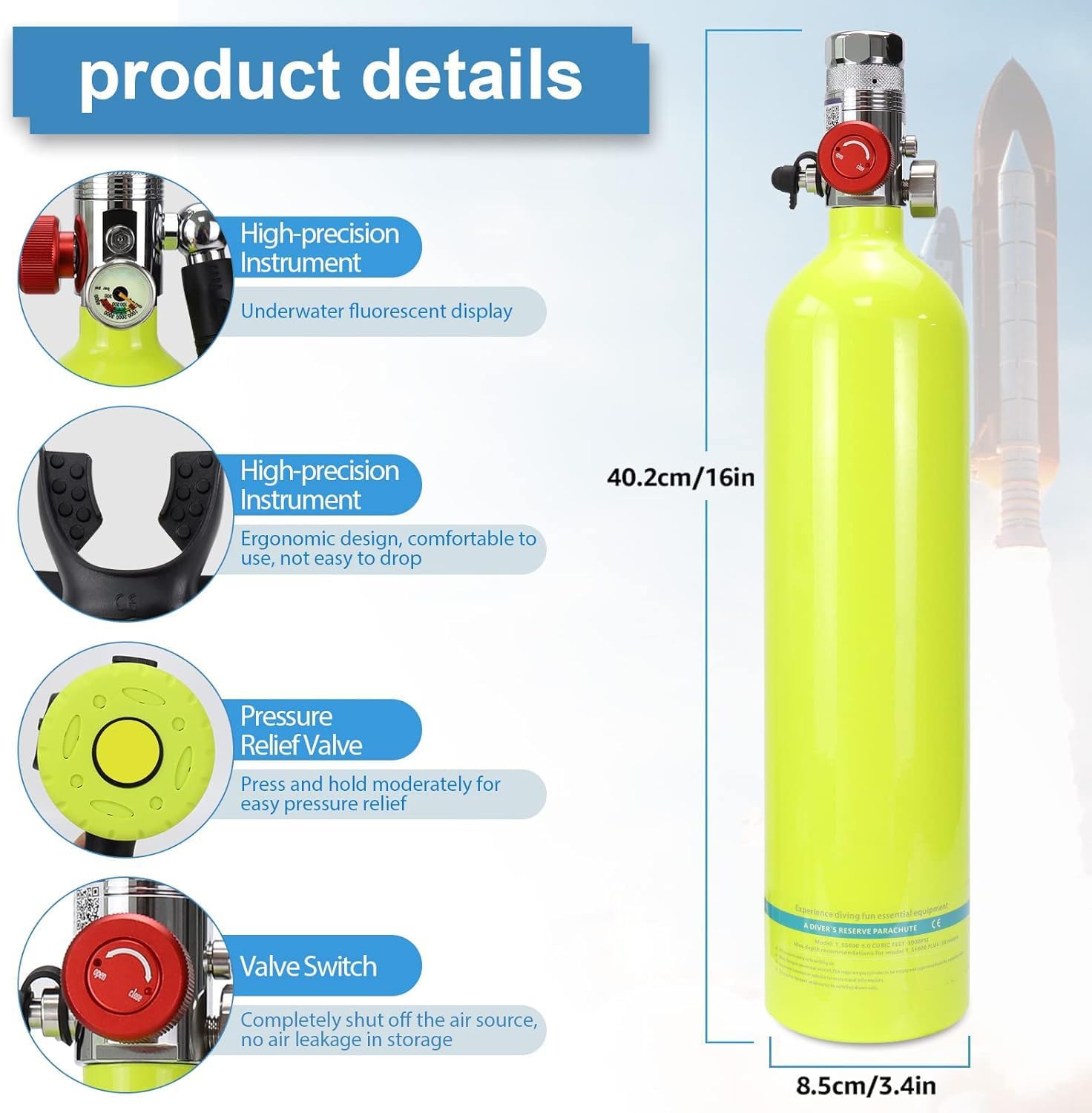 Bouteille de plongée, équipement de Bouteille de plongée Mini Bouteille de plongée 1L avec capacité de 15-20 Minutes Bouteille d'oxygène de plongée sous-Marin Rechargeable Bouteille Pony