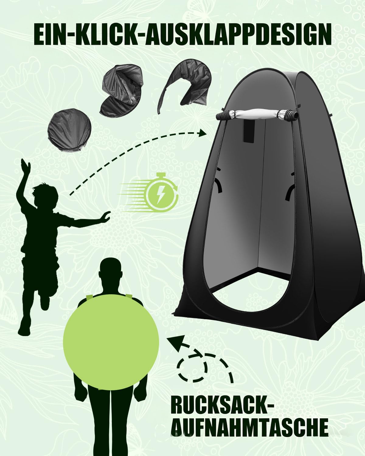 Duschzelt Camping Toilettenzelt, Pop Up Umkleidezelt mit Tasche & Zubehör, Wasserfest UV-Schutz Umkleidekabine WC Zelt, Strandumkleidezelt für Outdoor, Strand, Wandern, 120 x 120 x 190 cm Schwarz