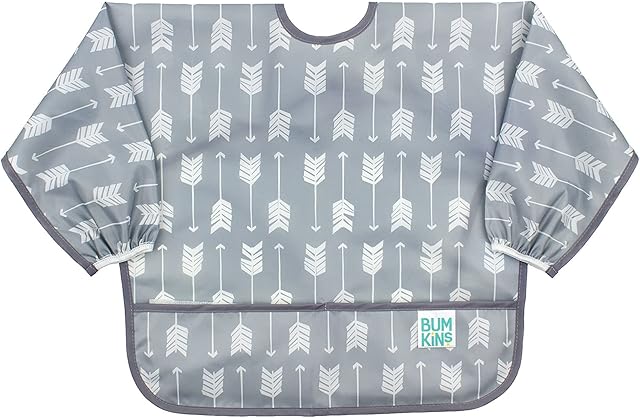 Bumkins Sleeved Bib, Handy Tie Closure for Custom Fit, Catch-All Pocket, Baby-Led Weaning, Waterproof, Machine Washable, Stain & Odour Resistant, BPA Free, 6-24 Months, Arrows Design