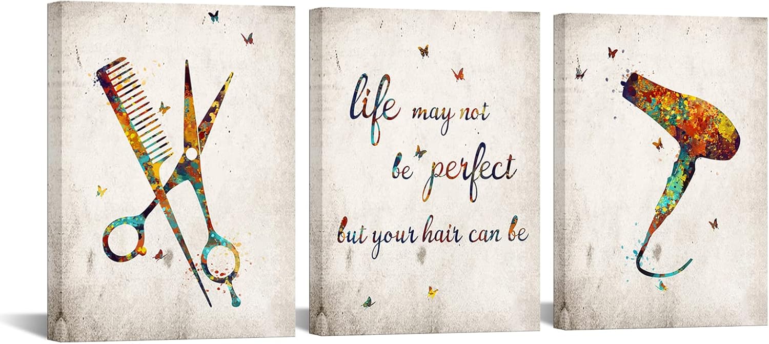 Canvas Set of 3 Hair Salon Wall Art Beauty Salon Pictures Wall Decor Fashion Posters Giclee Prints Vintage Vanity Makeup Wall Painting for Beauty Room Sutdio Shop Framed Artwork 12x16inchx3pcs