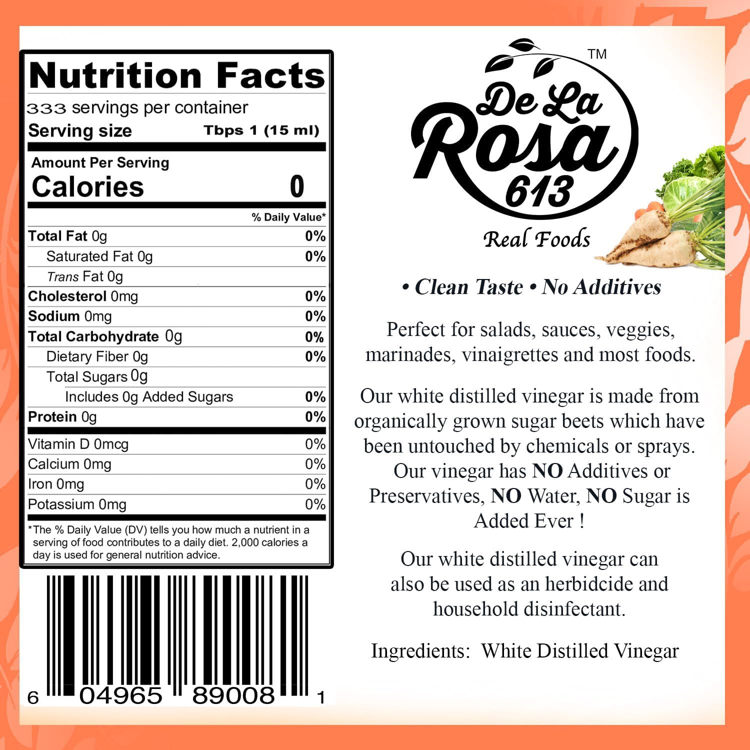 De La Rosa Distilled White Vinegar, Raw & Unfiltered, Kosher for Passover, Vegan & Gluten Free, Great for Salad Dressing, Marinades, White Distilled Vinegar 5 Liter (Pack of 1)