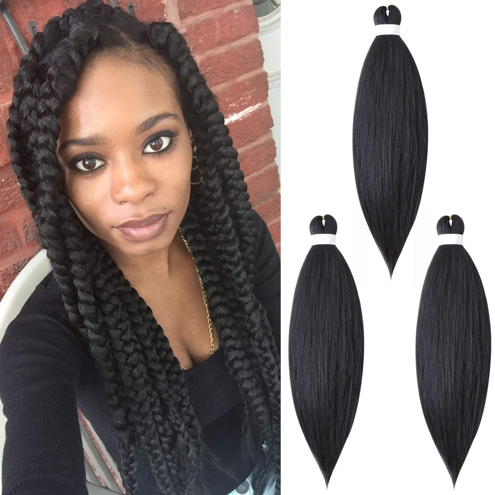 Treccine Capelli Extension Pre Stretched Braiding Hair Pre Allungato Stirato Yaki Professionale Africane Capelli Sintetici Lunghi Sintetici Afro Ombre Crochet 3 Ciocche 65cm Nero naturale