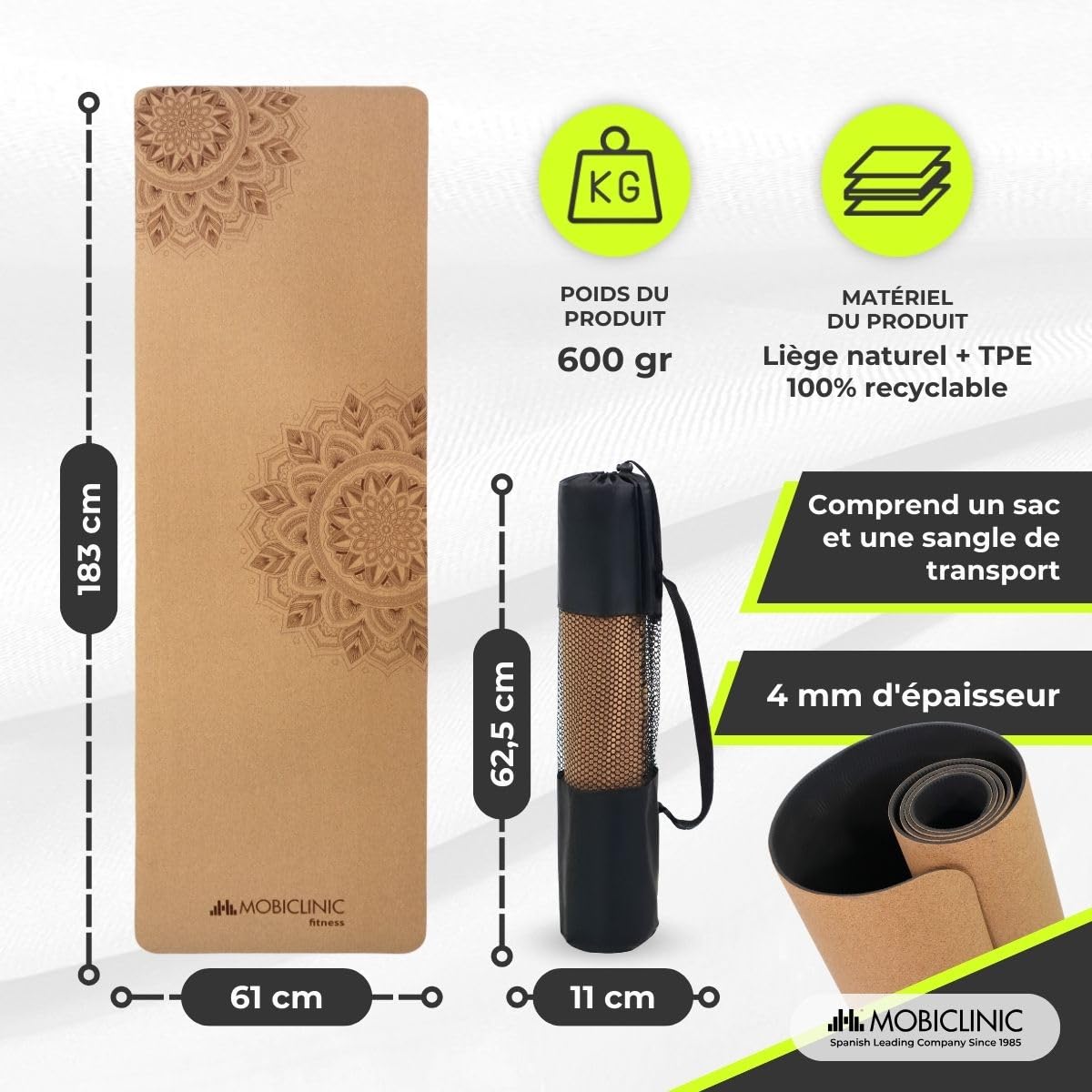 Mobiclinic®, Tapis de yoga liège naturel, Antidérapant, Sac transport, Antimicrobien, 4mm d'épaisseur, 100% TPE recyclable, 183x61cm, Mandala design, Ey-02, Pilates, Fitness