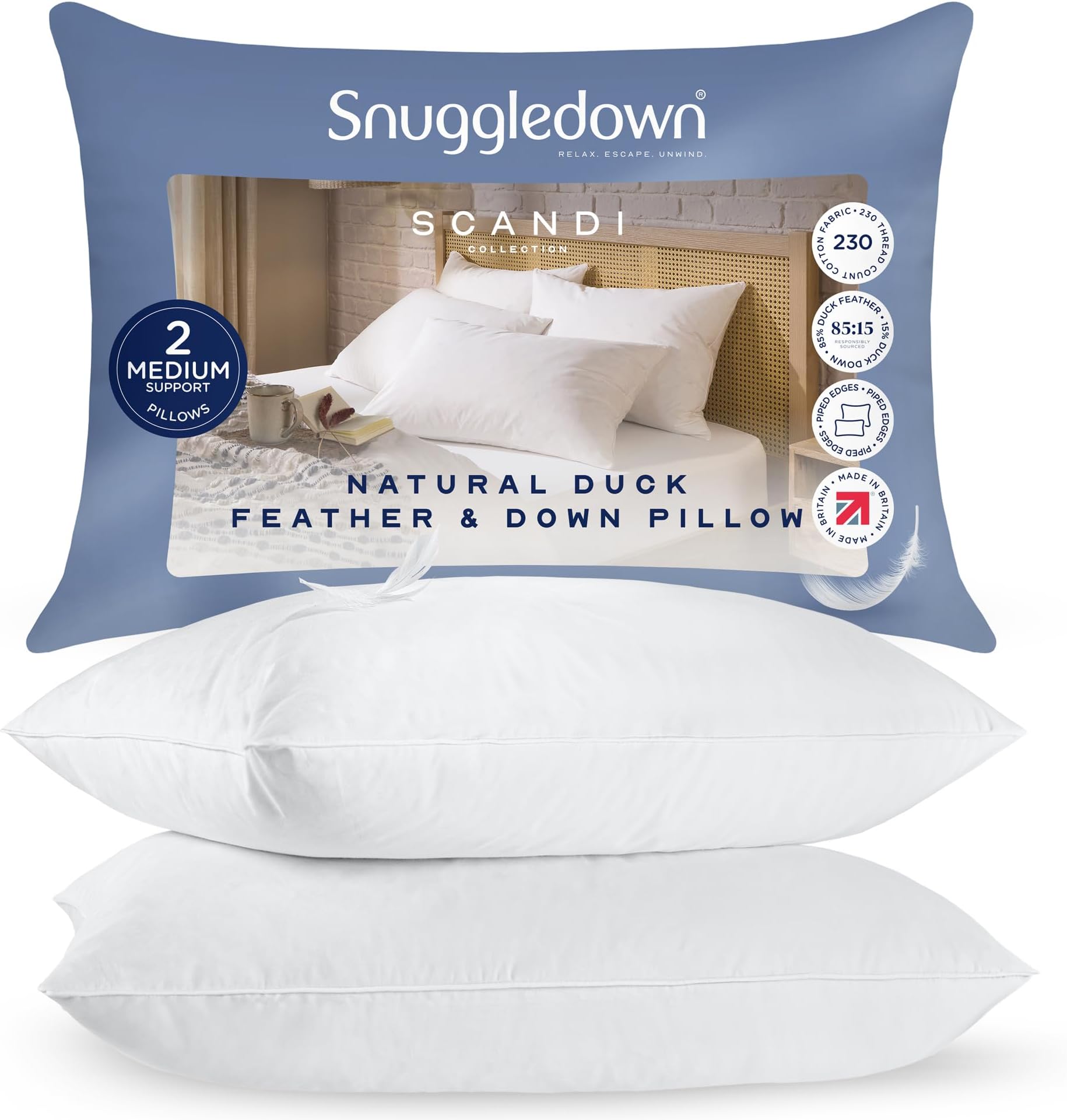 Duck Feather & Down Pillows 2 Pack - 85:15 Ethically Sourced Fill for Back & Side Sleepers | Medium Support, Soft Cotton Cover, Non-Allergenic & UK-Made (48 × 74cm)