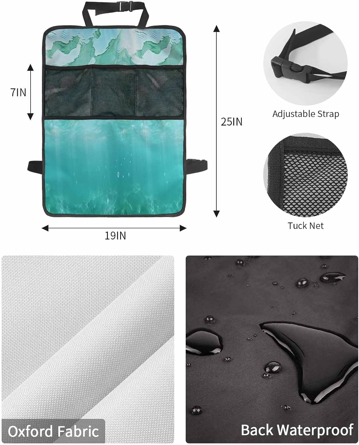 T&H XHome Car Seat Protector, 2 Pack Kick Mats with Organizer - 3 Pocket Storage, Summer Sea Water Teal Ocean Waves Sunshine Back Seat Cover for Kids Universal Fit Automotive Interior Protectors