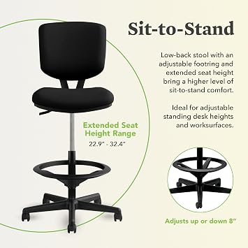 HON Volt Standing Desk Chair with Bonded Leather Seat and Back, Armless Ergonomic Task Stool with Adjustable Footring and CenterTilt Recline for SitStand Workstations, Black