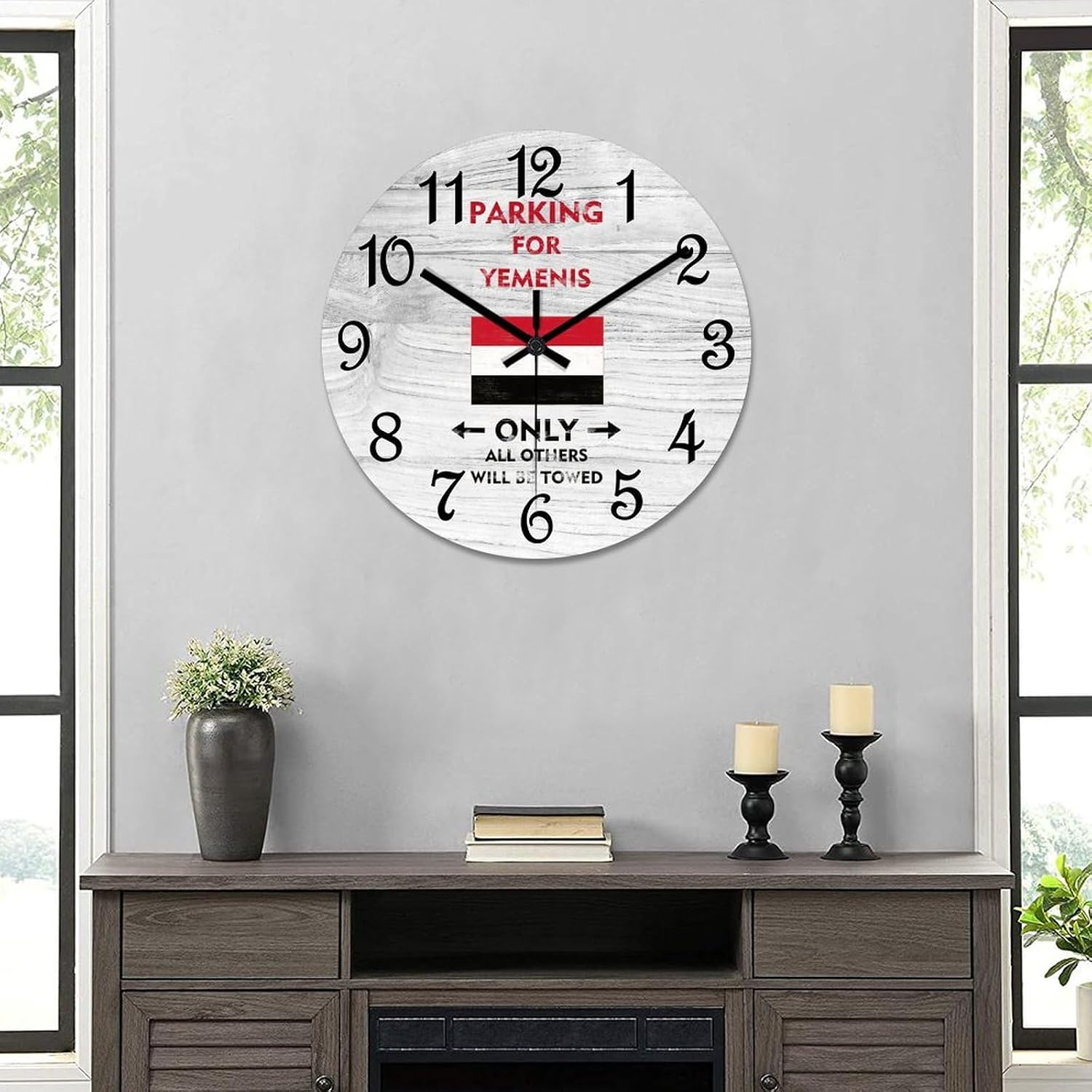 Yemen Flag Wall Clock Wood Clock,parking for Yemenis Only All Others Will Be Towed Round Wooden Clock Gifts Novelty Wall Clock for Home Kitchen Living Room Office 15 X 15 Inch