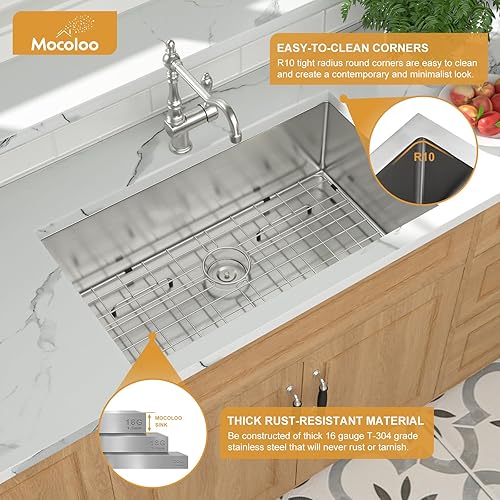 Miniatura 4 de Mocoloo - Fregadero de cocina de 33 pulgadas para montar bajo encimera de acero inoxidable calibre 16 profundo de 33 x 19 pulgadas, fregadero de