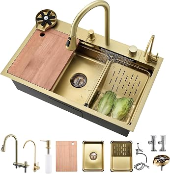 Raindance Nano Waterfall Stainless Steel Kitchen Sink, Multifunctional Sink with Chopping Board, Pull Out Faucet and Other Accessories Glass Washer, Ingle Bowl Railfall Gold 75x45x21CM