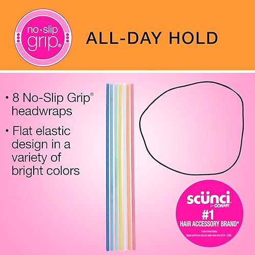 Miniatura 2 de Scunci by Conair - Diadema elástica plana con agarre antideslizante, accesorios para el cabello para mujer, colores surtidos brillantes, 8 unidades