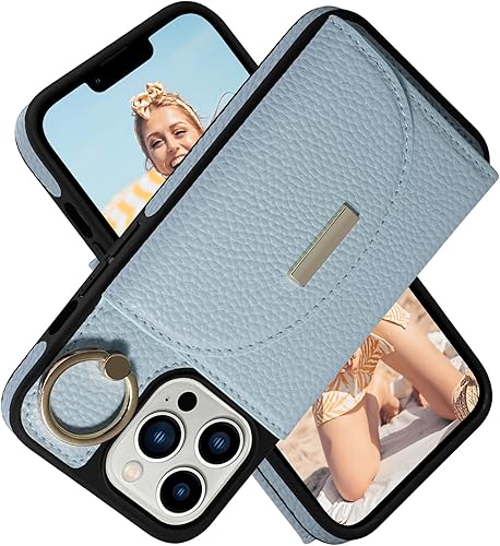 Keallce Funda para iPhone 13 Pro de 6.1 pulgadas 2021, funda tipo cartera con ranuras para tarjetas, soporte de anillo con soporte de soporte, funda