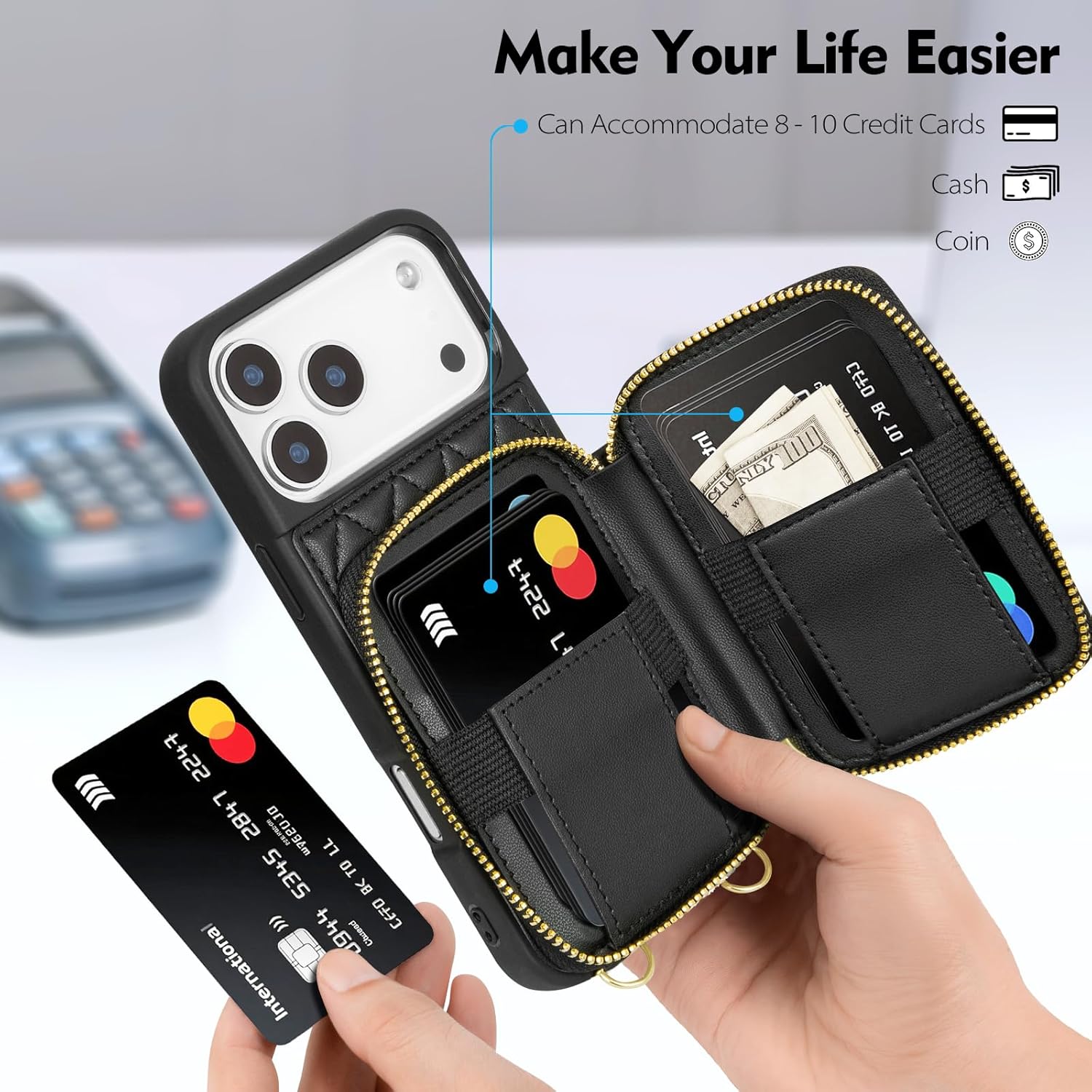 SkyEagle Compatible with iPhone 17 Pro Max Wallet Case Women,RFID Blocking Crossbody Phone Purse Case PU Leather Zipper Handbag Wrist Strap Cover Credit Card Holder,for Apple 17 Pro Max,Black