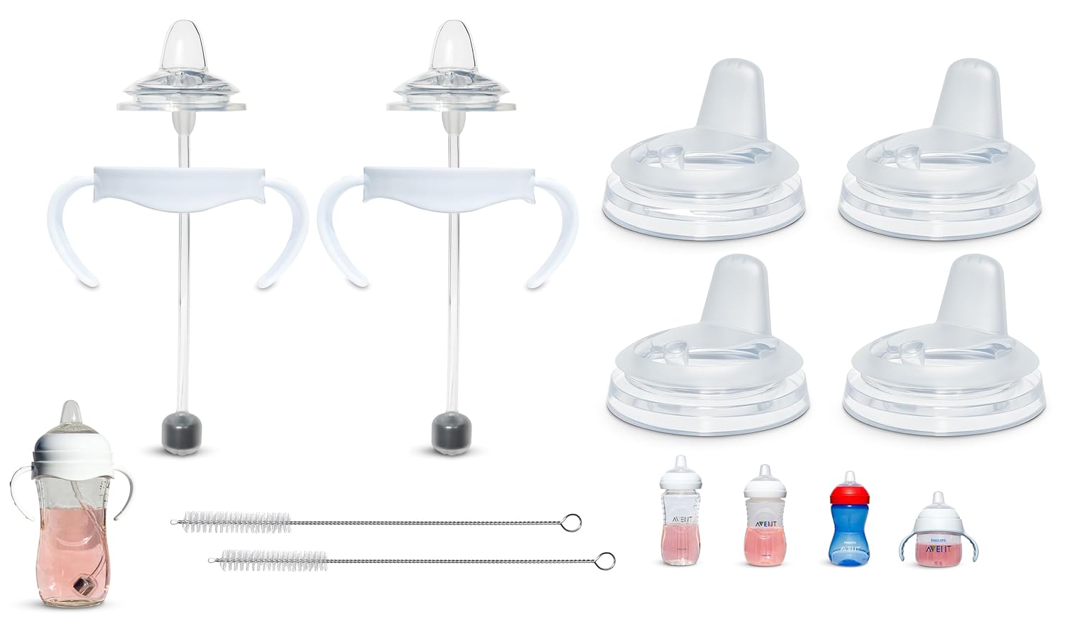 Sippy Cup Conversion Kit Bundle for Philips Avent Natural Baby Bottles | Weaning and Transition | Soft Silicone Nipples, Silicone Weighted Straw Ball, Bottle Handles and Cleaning Brush | 4+ Months