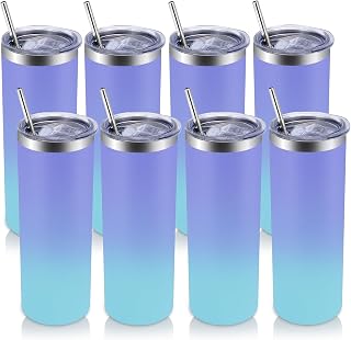 Volhoply 8 Pack Skinny Tumblers with Lid and Straw, 20oz Stainless Steel Straight Tumbler Bulk, Vacuum Insulated Coffee Mug for Home, Office, Travel, DIY (Purple Bule,8 Pack)