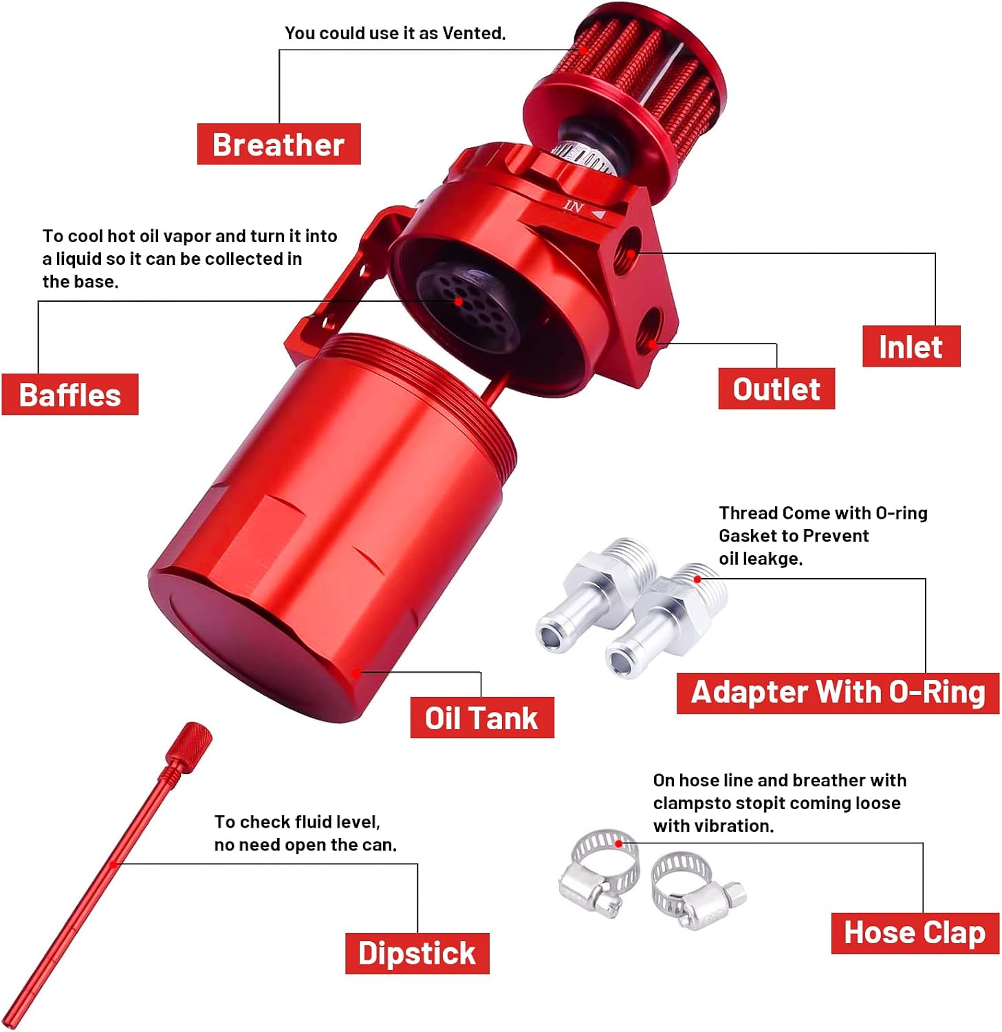Universal Baffled Oil Catch Can 300ml Polish Tank Kit Aluminum Engine Air Oil Separator Tank Reservoir Kit With Breather filter & 3/8" Fuel Line/6 Fittings/Necessary Accessories (Red)
