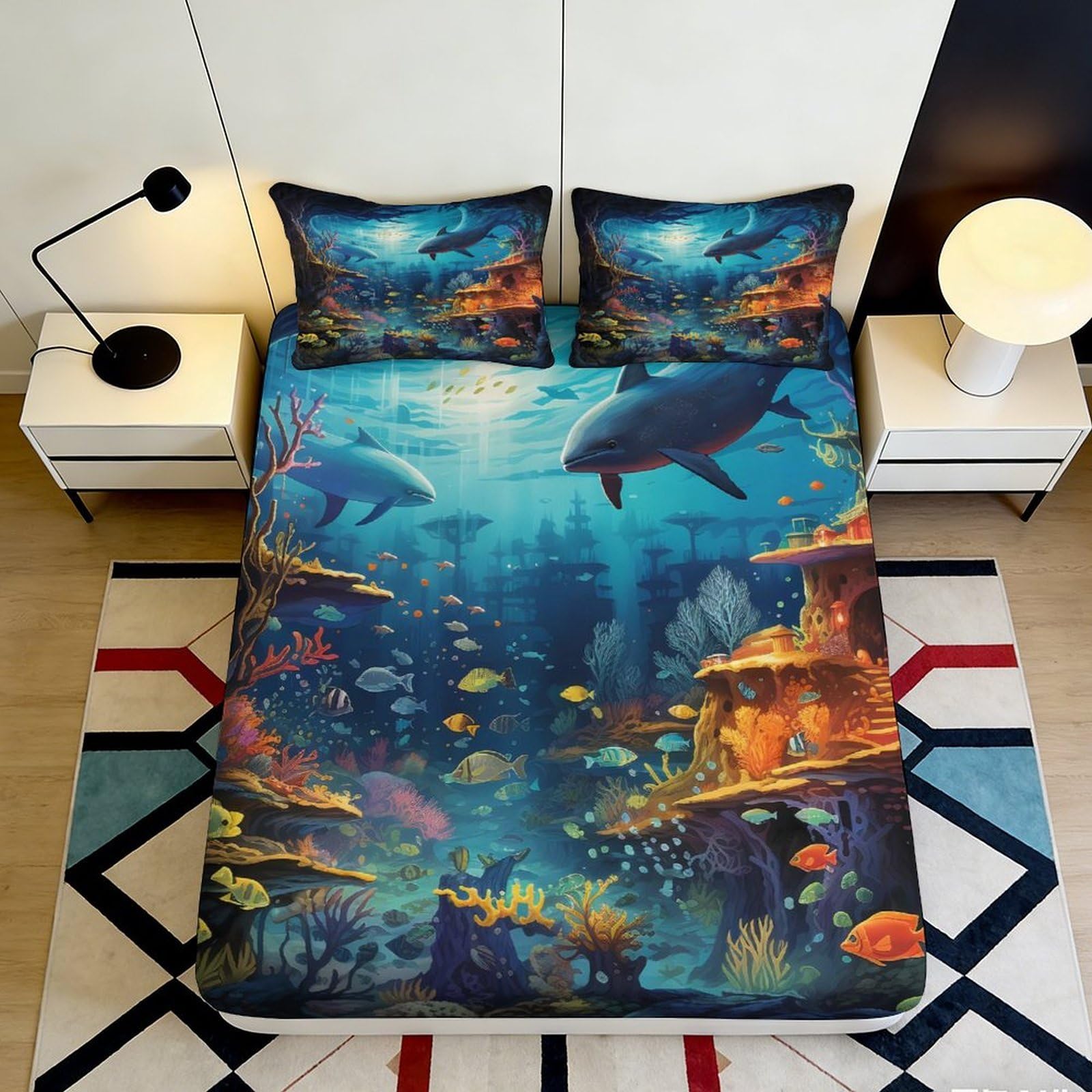 3D Printed Ocean Underwater World Fitted Sheet Microfiber Soft Dolphin Coral Mattress Cover for Bedroom Dorm Mattress Protection Decor 140x200x25cm