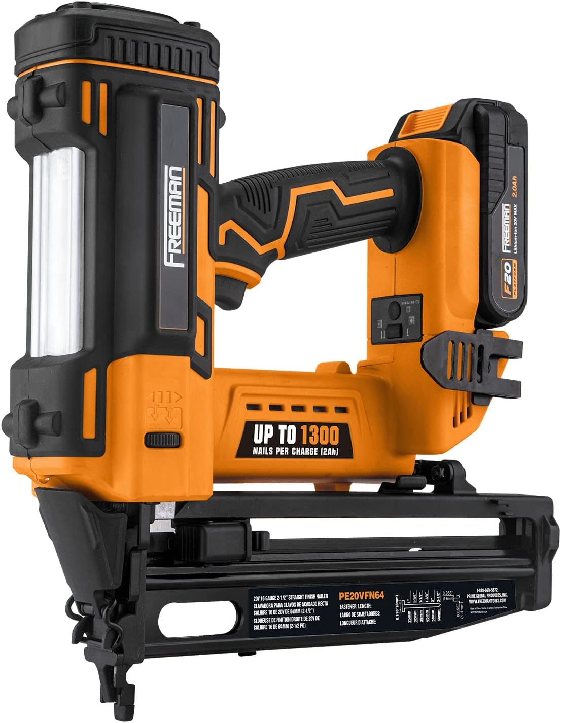 Davant view of the Freeman PE20VFN64 nailer, showing the magazine ready for loading 16-gauge finish nails.
