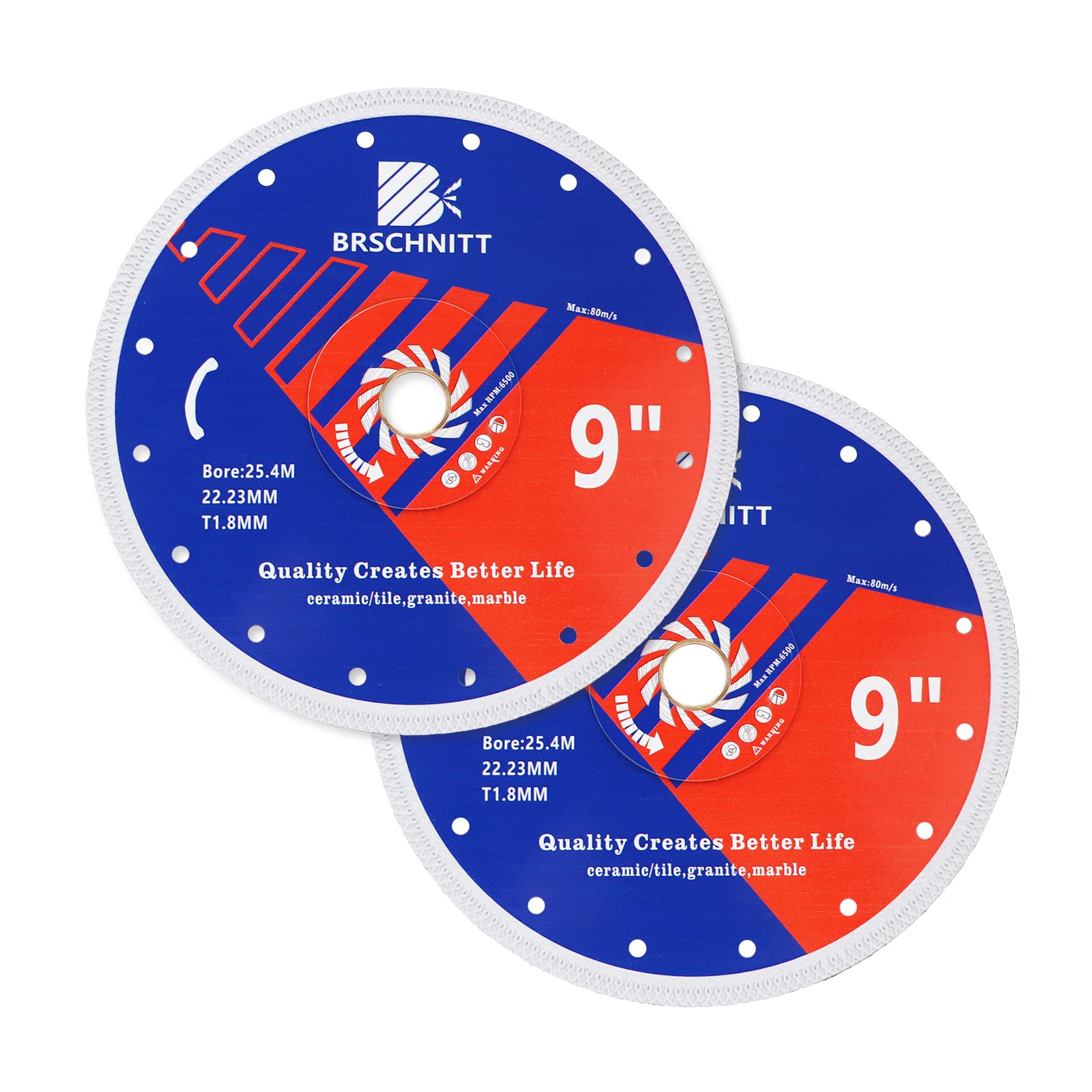 Super Thin Diamond Porcelain Saw Blade with X Teeth,BRSCHNITT 2pcs 9 Inch (230mm) Diamond Cutting Disc with Reinforced Core Center for Dry/Wet Cutting Porcelain Tile Ceramic Marble Granite