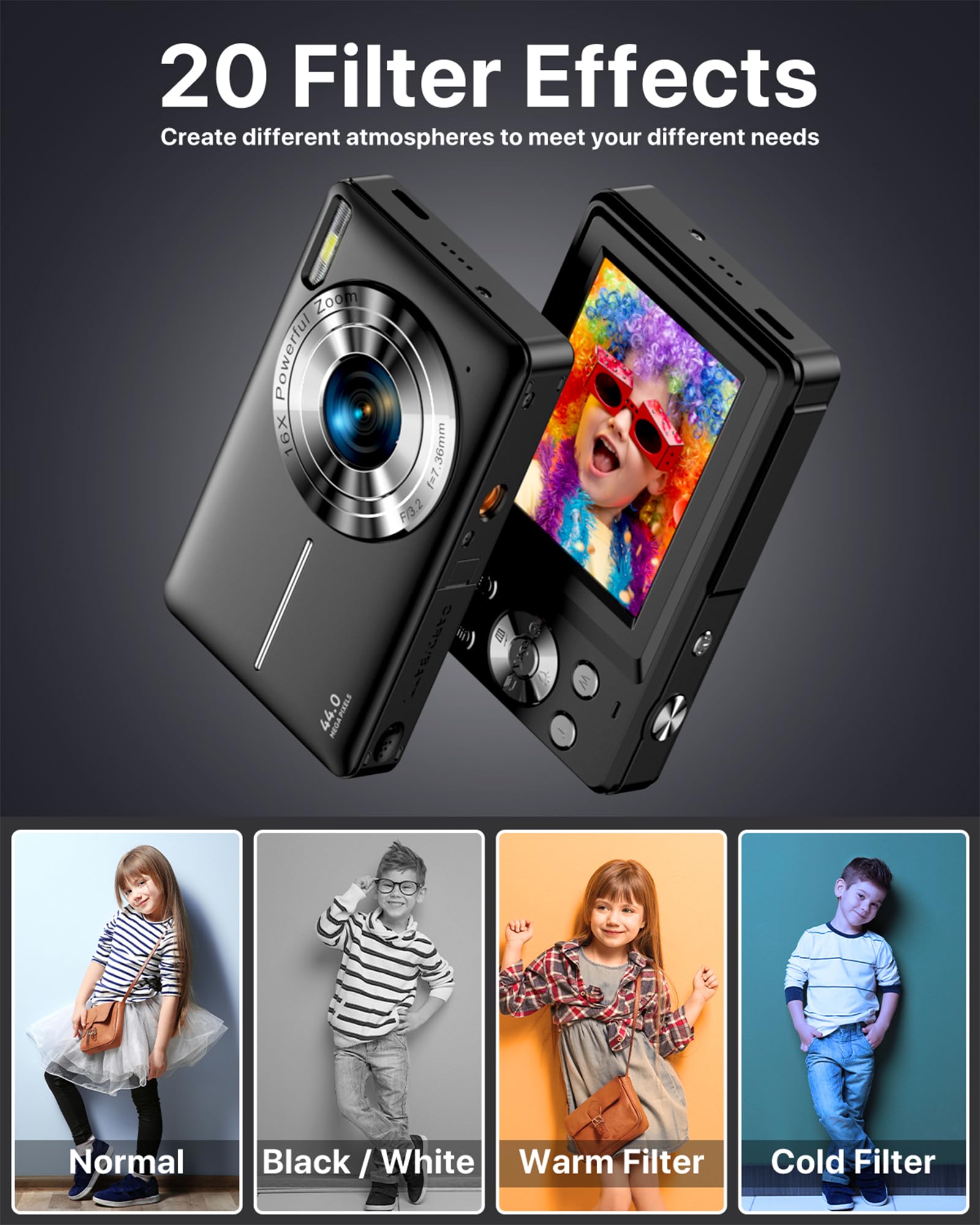 Digitalkamera 1080P 44MP 16X Digitalzoom Vlogging Kamera mit 2,4" LCD Bildschirm 32G Micro Speicherkarte für Kinder Teenager Anfänger