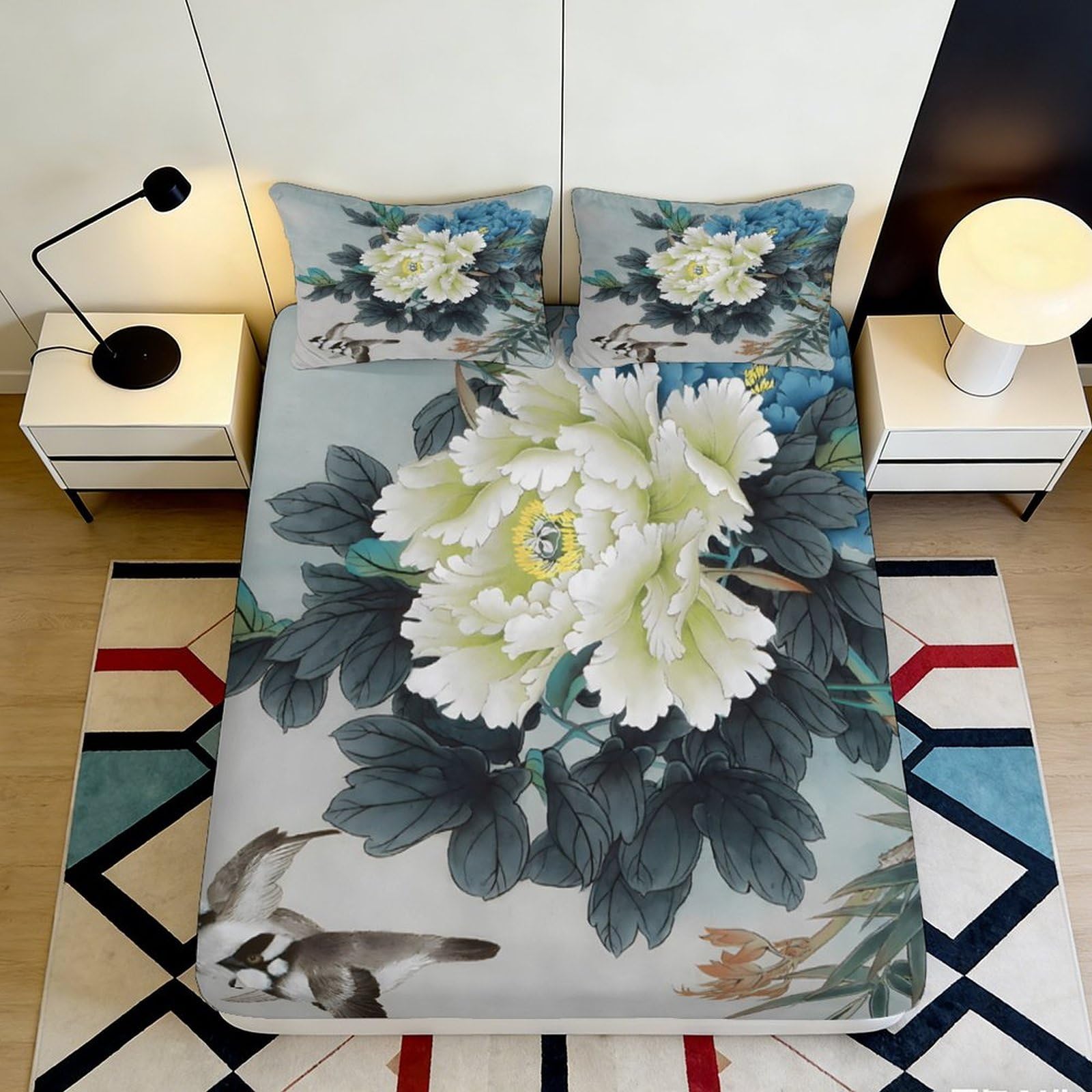 Pnayamiorkfel Style-5 3D Printed Chinese Peony Fitted Sheet Microfiber Soft Non-Slip Bird Pattern Bed Cover For Bedroom Guest Room Decor 90X200x25cm