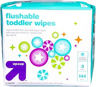 up & up Flushable Toddler Wipes with Vitamin E & Aloe - 3 Packs of 48 Wipes with Flip-Top Lid (144 Total Count) Gentle Pre-Moistened Flushable Wipes – Hypoallergenic and Alcohol Free