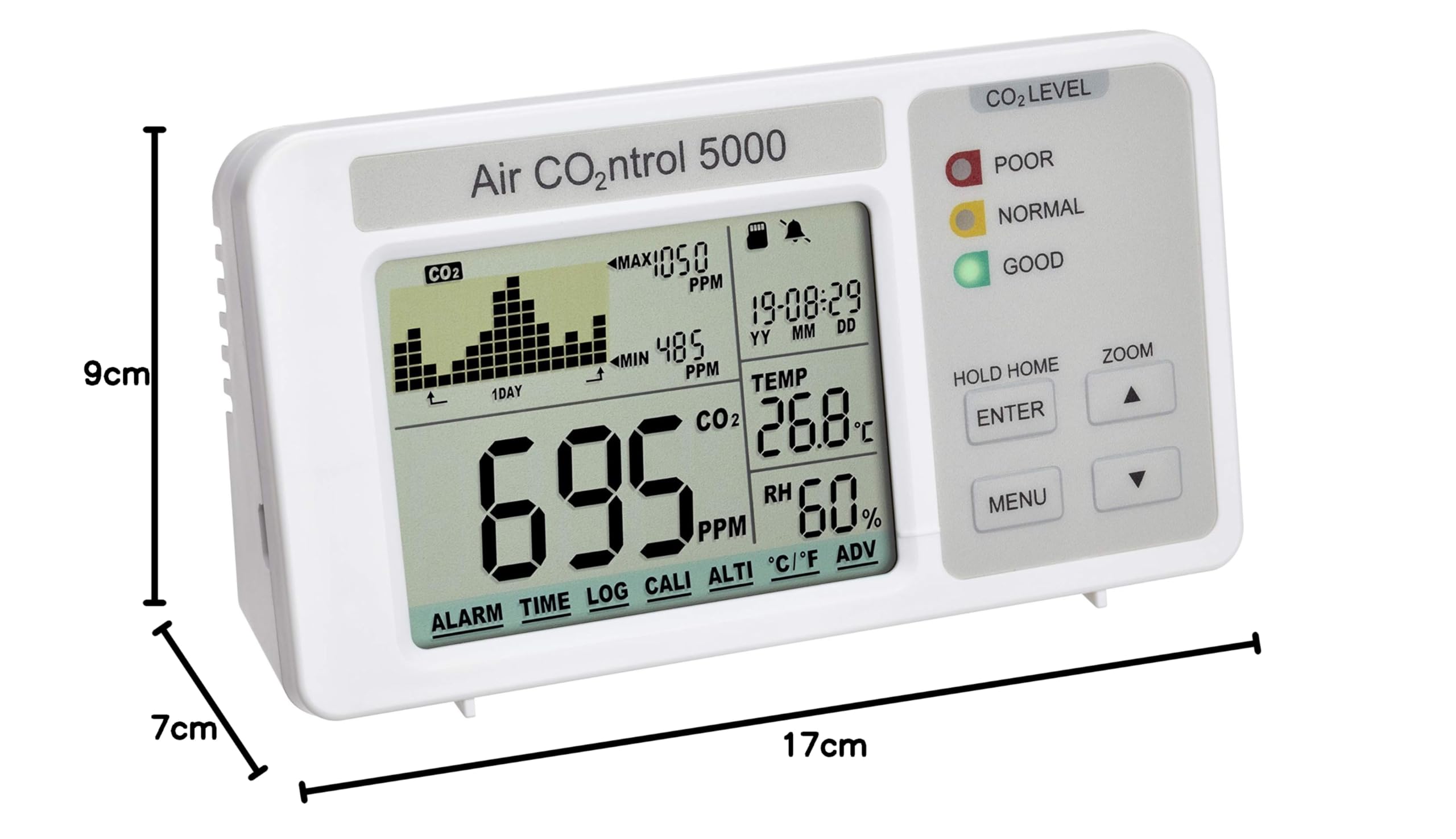 TFA Dostmann AIRCO2NTROL 5000 CO2-Messgerät mit Datenlogger, 31.5008.02, Raumluft mit Uhrzeit, Raumtemperatur, Luftfeuchtigkeit, mit grafischer Darstellung, Ampelanzeige, 12 x 3,3 cm, weiß