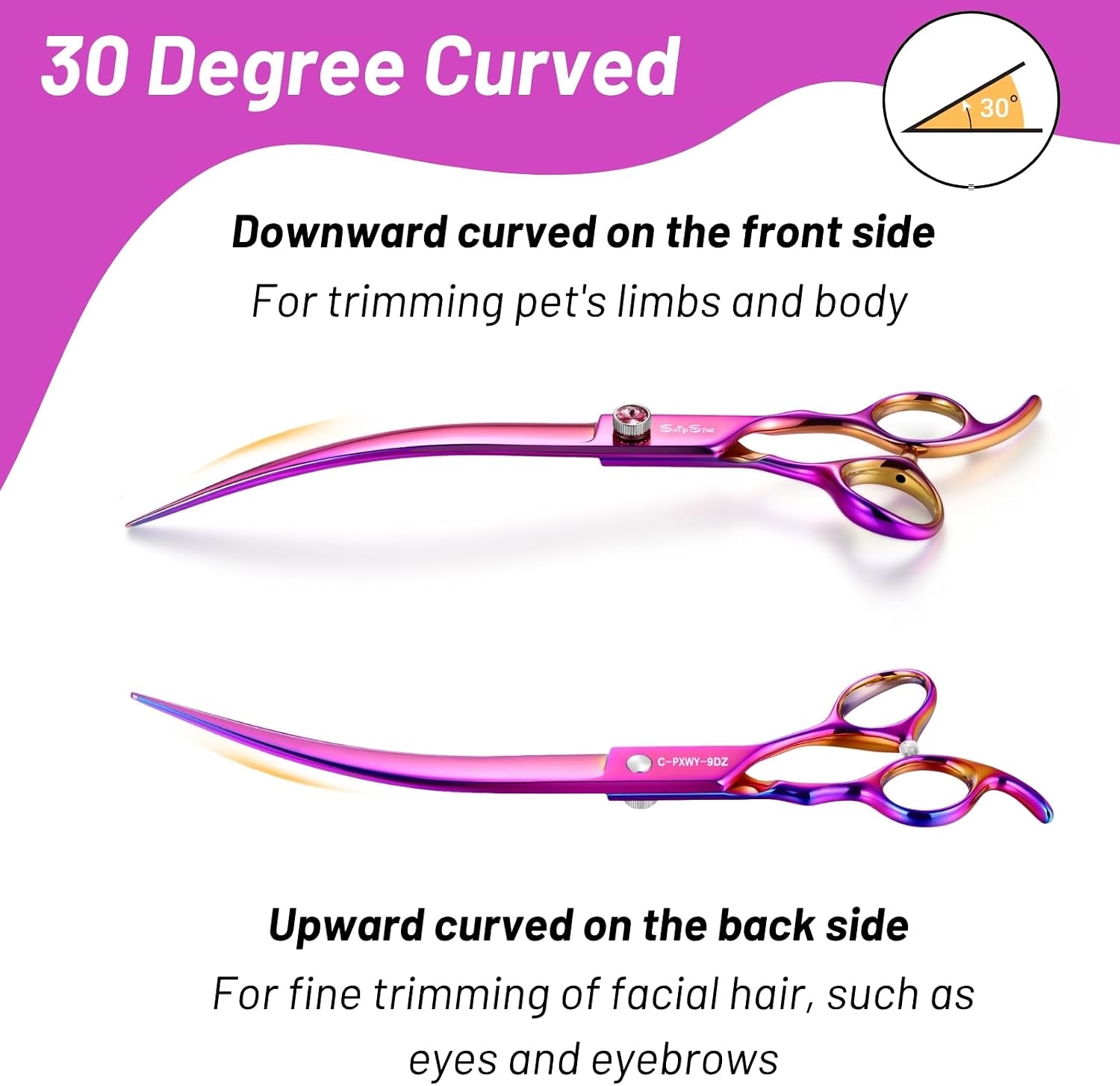 Professional 9" Curved Dog Grooming Scissors, VG10 Steel Sharp Pet Shears | Heavy Duty 30° Downward Curved Blade Scissors for Trimming Face & Paws with Precision Cutting, Ergonomic Grip & Blunt Tips